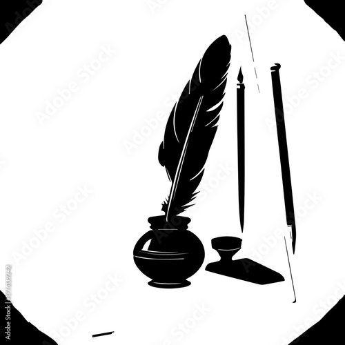 Black and White Quill Pen and Inkwell Illustration with Pen and Stylus