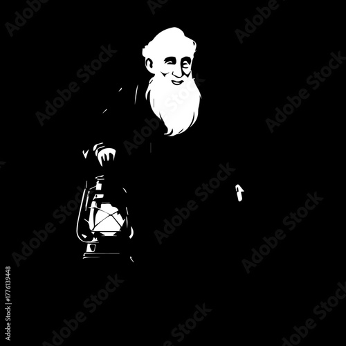 Elderly Man with Long White Beard Holding a Vintage Lantern