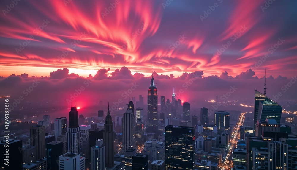 Fototapeta premium Stunning city skyline at sunset with colorful clouds and vibrant city lights