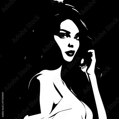 High-contrast graphic illustration of a mysterious woman with dark hair, full lips, and a hand near her face.