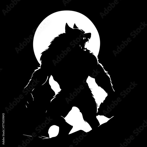 Silhouette of a Ferocious Werewolf Under a Full Moon