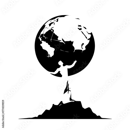 Silhouette of a man holding the globe on a rocky mountain