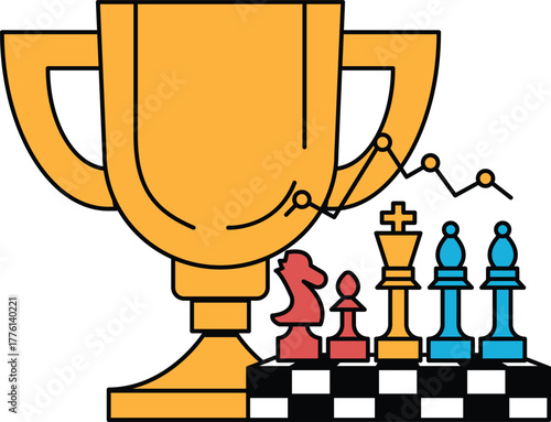 A chessboard with a gold cup and a knight piece