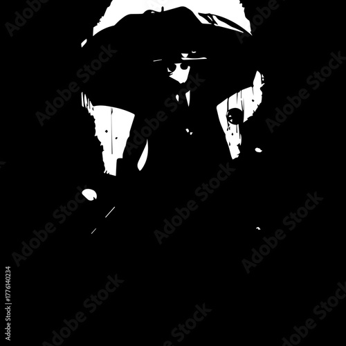 Stylized Silhouette of a Person Wearing a Hat and Coat