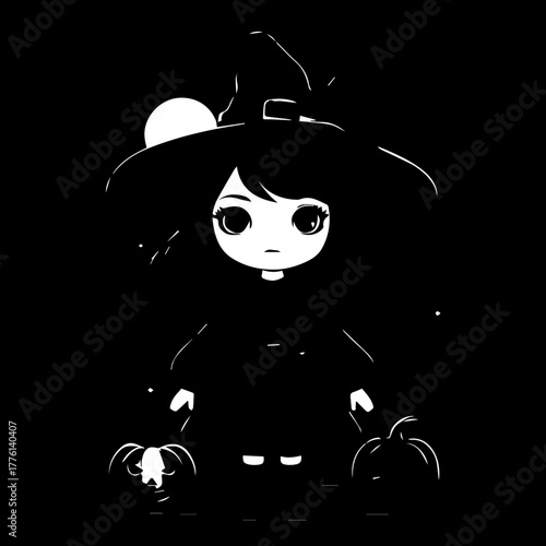 Stylized Witch Girl with Pumpkins in Black and White Illustration