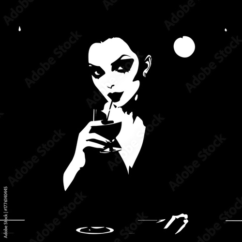 Stylized Woman with Dramatic Makeup Sips Red Wine from Glass