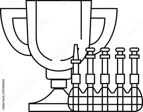 A cup with a trophy on top and a row of five small objects below it
