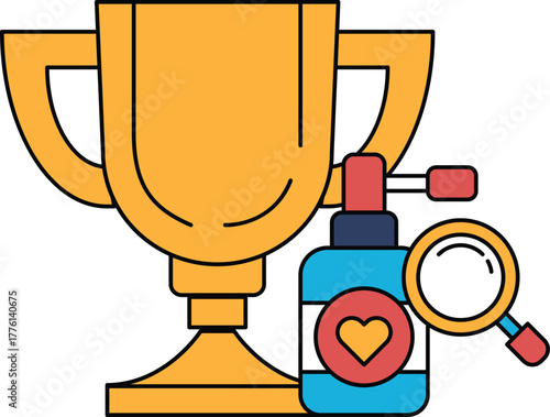 A trophy is shown with a bottle of hand sanitizer and a magnifying glass