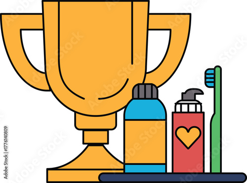 A gold trophy sits on a table next to a toothbrush, toothpaste