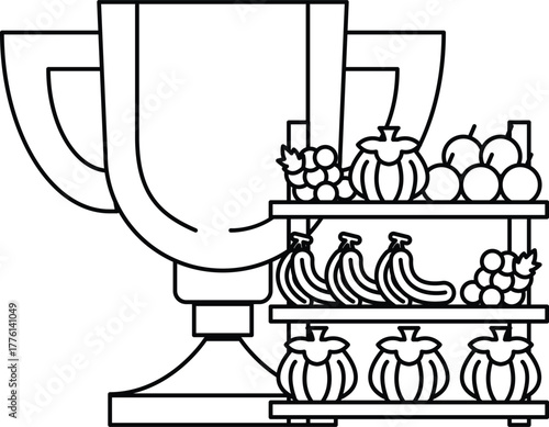 A white and black drawing of a cup and a fruit stand