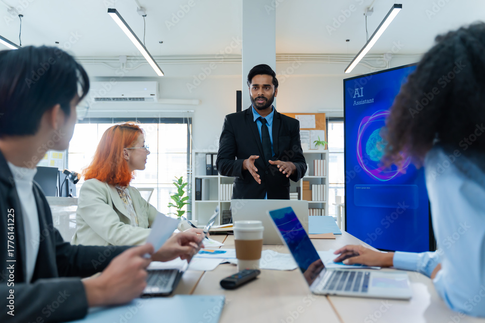 Naklejka premium Diverse creative team use Ai Assistant (artificial intelligence assistant) on AI-assisted display for Marketing Data Analyst meeting at office.Coding team,develop Ai Assistant,business brainstorming