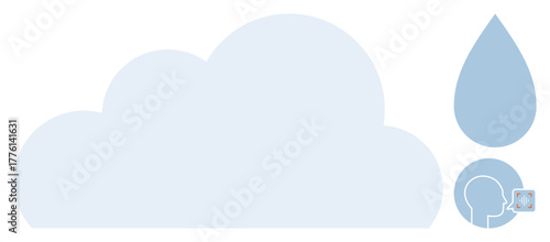 Large blue cloud beside raindrop and head with speech bubble connected to cloud visualizing weather, communication, and environment. Ideal for data storage, nature, ecology, technology, dialogue