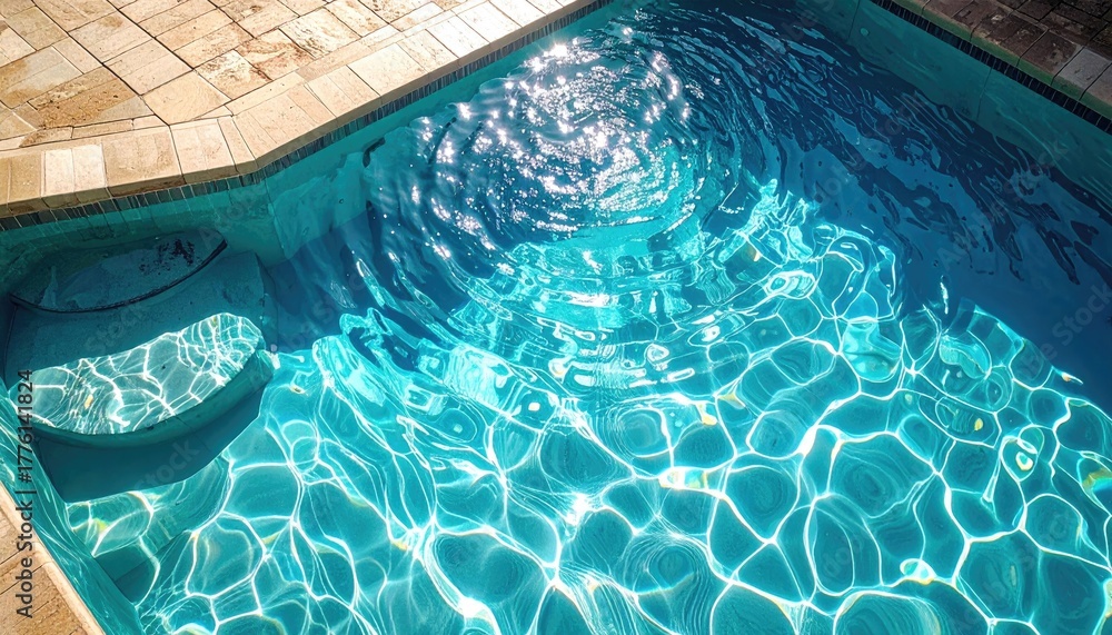 Obraz premium Clear Blue Swimming Pool Water Sparkling with Sunlight Reflections and Ripples Showing Steps and Textured Edging