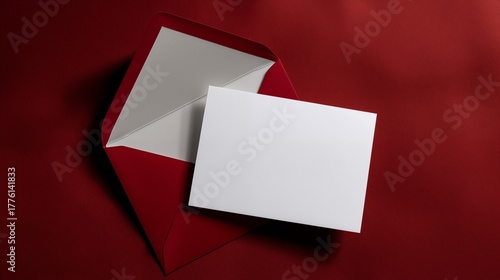 Blank greeting card with red envelope on crimson background, flat lay top view, copy space
