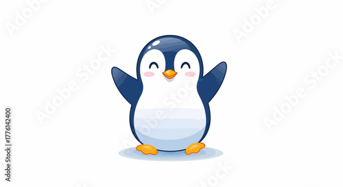 A cheerful cartoon penguin with a blue and white body, orange feet, and outstretched wings, smiling happily.