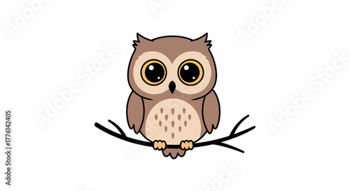 A cute cartoon owl with big eyes perched on a brown branch, looking forward.