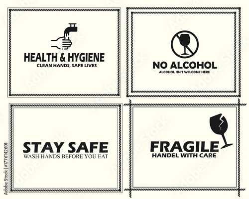 Health and Hygiene Safety Poster Set with No Alcohol and Fragile Handle with Care Signs, Clean Hands Reminder, Stay Safe Educational Awareness Design for Public Safety Campaigns
