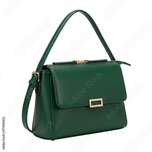 Elegant emerald green handbag with golden clasp on transparent background