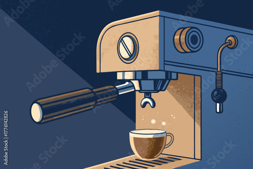Close-up of an espresso machine brewing coffee, flat lay.