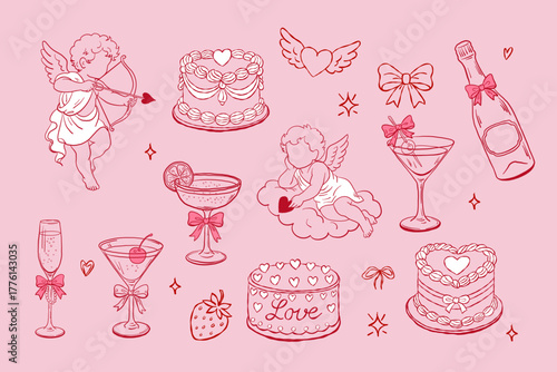 Valentine coquette clipart set  cakes, drinks and cupids