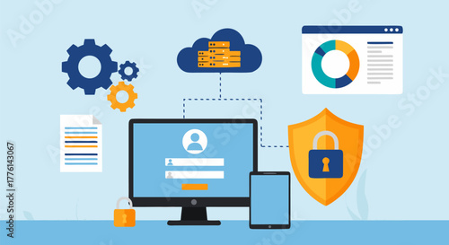 Secure business cloud computing and data protection technology concept with login access and analytics