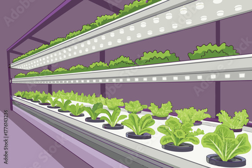 Close-up of lush hydroponic lettuce rows bathed in purple light.
