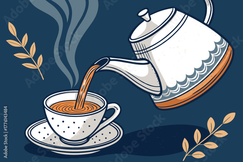 Close-up of a kettle pouring hot water into a teacup.