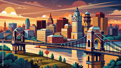 Very beautiful aerial view of Roebling Bridge and Covington skyline over the Ohio River at sunset, showcasing the historic suspension bridge and cityscape with reflections on calm water.