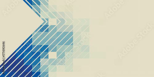 Abstract blue geometric pattern with diagonal lines and pixels on a cream background.