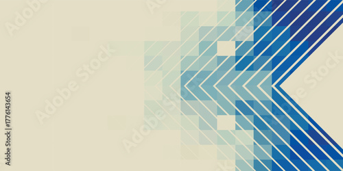 Abstract digital art featuring blue geometric peaks over a pixelated landscape on a cream background.