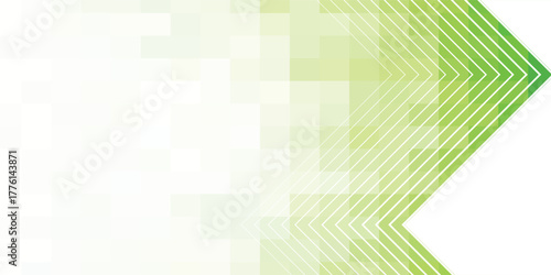 Abstract green geometric background with chevron lines and a pixelated mosaic pattern fading to white.
