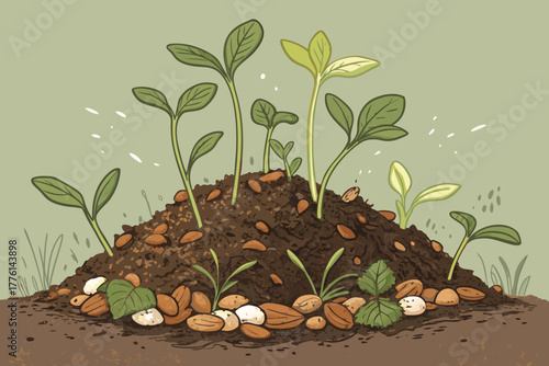 Close up of organic compost pile with sprouting plants.