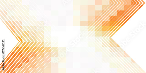 Abstract geometric background with orange pixelated patterns and symmetrical chevron lines on a white backdrop.