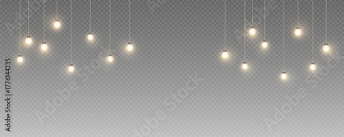 Christmas garland isolated on transparent background. Glowing colorful light bulbs with sparkles.Xmas, New Year, wedding or Birthday decor. Party event decoration. Winter holiday season element.