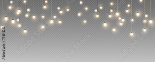 Christmas garland isolated on transparent background. Glowing colorful light bulbs with sparkles.Xmas, New Year, wedding or Birthday decor. Party event decoration. Winter holiday season element.	

