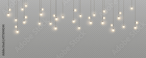 Christmas garland isolated on transparent background. Glowing colorful light bulbs with sparkles.Xmas, New Year, wedding or Birthday decor. Party event decoration. Winter holiday season element.