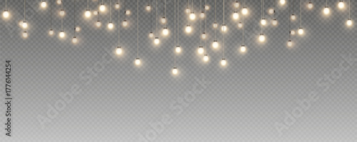 Christmas garland isolated on transparent background. Glowing colorful light bulbs with sparkles.Xmas, New Year, wedding or Birthday decor. Party event decoration. Winter holiday season element.