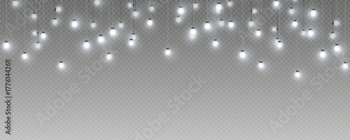 Christmas garland isolated on transparent background. Glowing colorful light bulbs with sparkles.Xmas, New Year, wedding or Birthday decor. Party event decoration. Winter holiday season element.