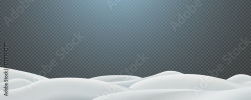 Realistic winter background, snowdrifts, snowdrifts, blizzard and wind, snow. Christmas winter landscape, 3D background with snow, vector transparent background, PNG.
