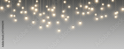 Christmas garland isolated on transparent background. Glowing colorful light bulbs with sparkles.Xmas, New Year, wedding or Birthday decor. Party event decoration. Winter holiday season element.