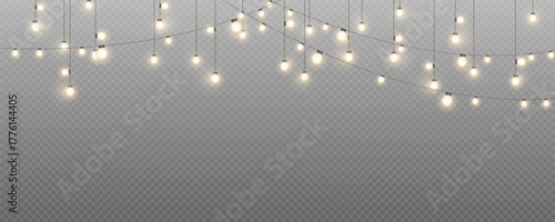 Christmas garland isolated on transparent background. Glowing colorful light bulbs with sparkles.Xmas, New Year, wedding or Birthday decor. Party event decoration. Winter holiday season element.	
