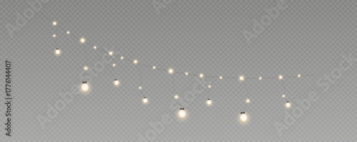 Christmas garland isolated on transparent background. Glowing colorful light bulbs with sparkles.Xmas, New Year, wedding or Birthday decor. Party event decoration. Winter holiday season element.