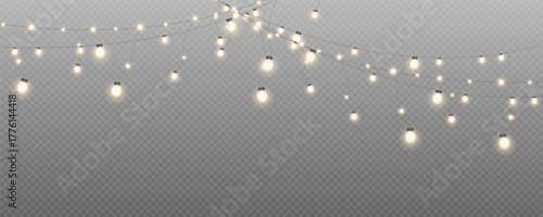 Christmas garland isolated on transparent background. Glowing colorful light bulbs with sparkles.Xmas, New Year, wedding or Birthday decor. Party event decoration. Winter holiday season element.