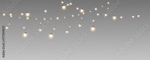 Christmas garland isolated on transparent background. Glowing colorful light bulbs with sparkles.Xmas, New Year, wedding or Birthday decor. Party event decoration. Winter holiday season element.