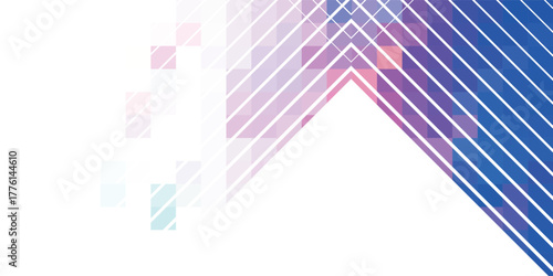 Abstract background with a colorful geometric arrow design composed of lines and pixels on a white backdrop.