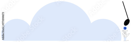 Large blue cloud, plant sprouting dollar sign, watering spoon symbolizing growth, investment, and effort. Ideal for finance, savings, growth nature investment cloud computing innovation. Simple