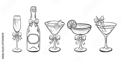 Cocktail and champagne glasses with bows outline