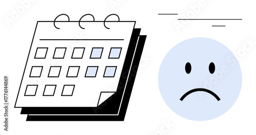 Wall calendar with selected dates and a sad face expressing regret or stress. Ideal for time management, deadlines, anxiety, missed events, scheduling, work-life balance, simple flat metaphor