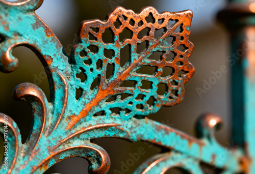 Ornate Wrought Iron Leaf with Copper and Turquoise Patina