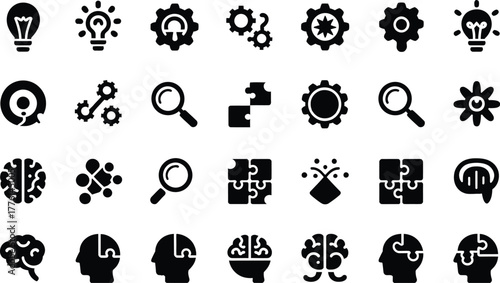 Collection of black silhouette icons representing innovation ideas brainstorming problem solving and creative thinking concepts for digital design and business presentations